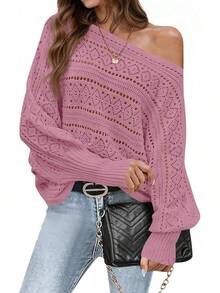 Womens Off Shoulder Sweaters Fall 2025 Oversized Knit Batwing Long Sleeve Crochet Pullover Sweater Tops - 粉色 - 查看 5