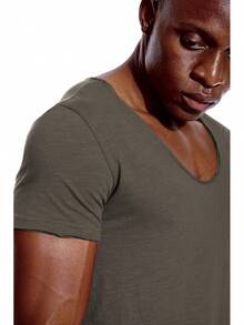 Camiseta de cuello en V profundo para hombre, camiseta de escote pronunciado, camiseta invisible, parte superior con cuello en V - Gris - Cuello redondo - Ver 3