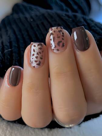 Instantly Upgrade Your Look With 24Pcs Short Square Artificial Nails Simple Elegant Brown Spotted Silver Glitter Caramel Brown Nails Fashionable Leopard Print False Nails Full Cover Fake Nails For Women And Girls Includes 1 Sheet Adhesive Tabs & 1 Pc Mini File Jelly Gel Random Shipment Press On Nails Nail Supplies Nails