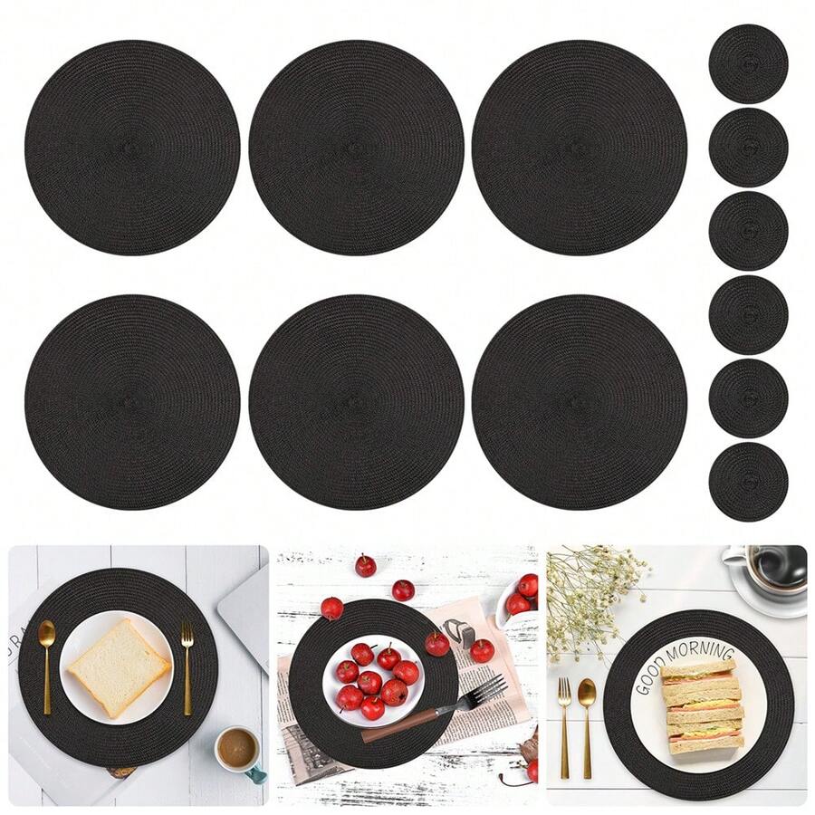 6 Pack Round PP Placemats And Coasters Set - 13.2 Inch Waterproof Non-Slip Table Mats For Dining Decor, Dishwasher Kitchen Tableware - Black - View 1