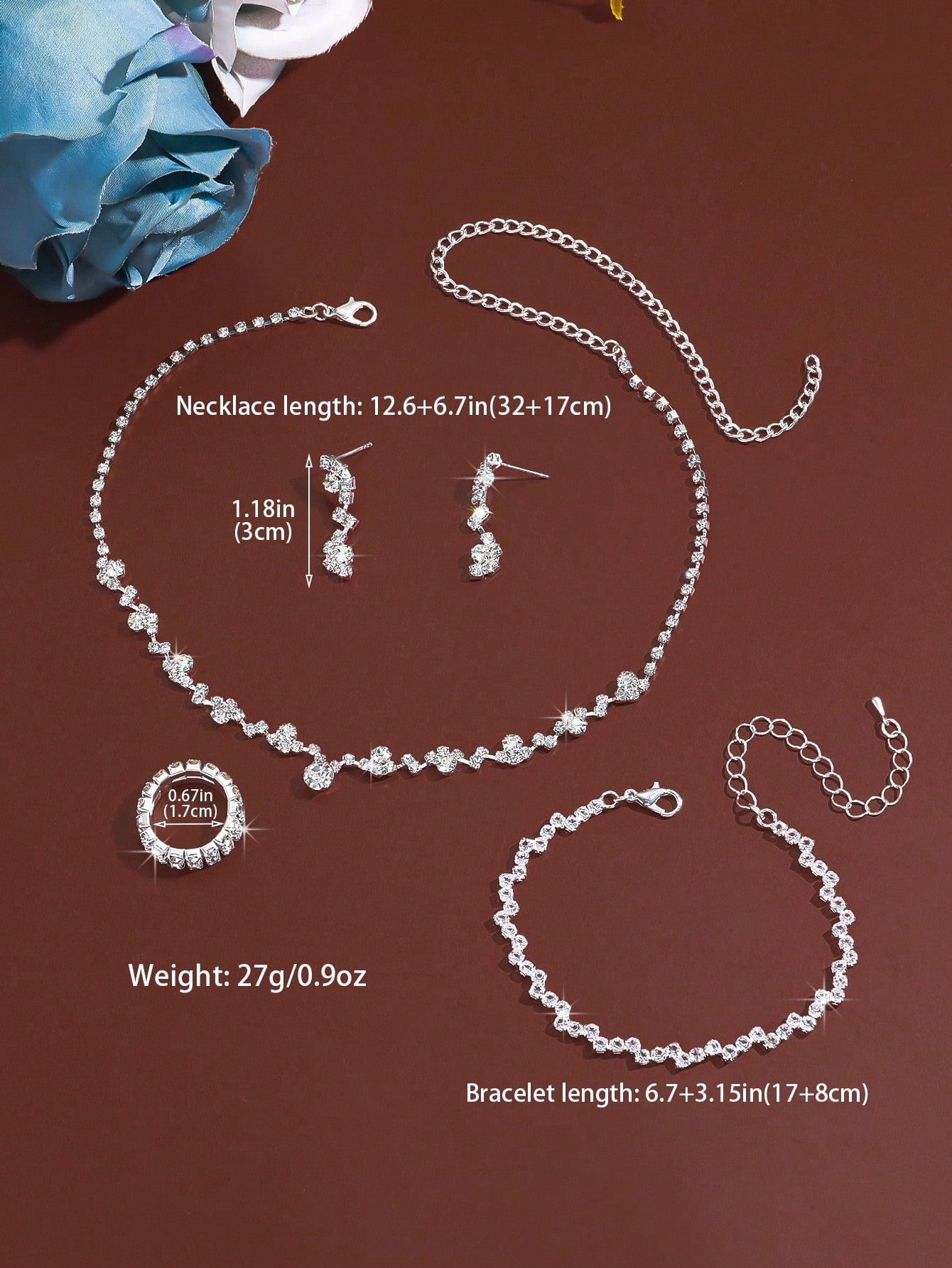 4 قطع: قلادة + أقراط + سوار + خاتم، طقم مجوهرات فا...