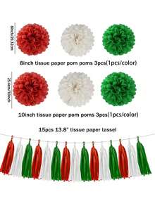 22pcs -Red White Green Christmas Decorations - 22pcs Tissue Paper Flowers Pom Poms Tassel Garland Banner 3D Christmas Tree Paper Streamers Birthday Party Decorations For Home Indoor Outdoor Hanging Decor Home Decor Room Decor Winter