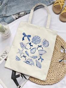 Bolsa de Praia Estilo Férias, Bolsa de Viagem Dobrável, Bolsa Estampa de Concha, Bolsa de Viagem Leve, Bolsa de Viagem Estilo Relaxado, Bolsa de Viagem Super Fotogênica, Reutilizável e de Grande Capacidade, Bolsa com Atmosfera de Férias