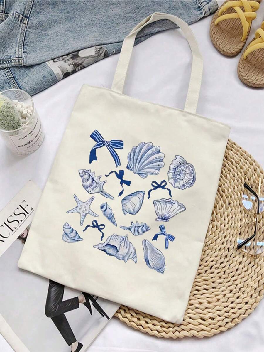 Bolsa de Praia Estilo Férias, Bolsa de Viagem Dobrável, Bolsa Estampa de Concha, Bolsa de Viagem Leve, Bolsa de Viagem Estilo Relaxado, Bolsa de Viagem Super Fotogênica, Reutilizável e de Grande Capacidade, Bolsa com Atmosfera de Férias