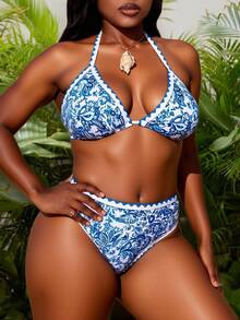 Slaydiva Plus Size Halter Neck Tied Back Allover Print Bikini Top And Bottom Swimwear Set Summer