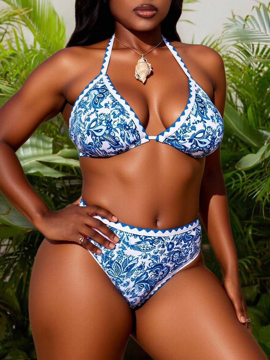 Slaydiva Plus Size Halter Neck Tied Back Allover Print Bikini Top And Bottom Swimwear Set Summer