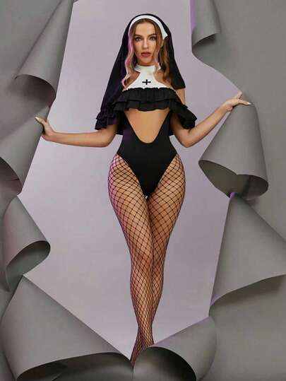 3PCS Costume For Role-Playing - Sexy Nun Outfit, Cross Double-Layered Lace Nun Dress + Milk Silk Headscarf + Fishing Net Stockings + Plush Tail Set. Suitable For Role-Playing On Music Festival Stage, Halloween And Various Large-Scale Festival Outfits.