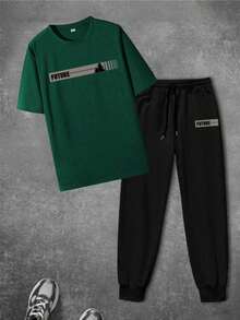2pcs/Set Men's Creative Tree Of Hope English Graphic Casual Loose Short Sleeve T-Shirt And Drawstring Long Pants Set, Suitable For Street, Outdoor, And Daily Wear - Green - View 2