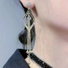 1 Pair Elegant Bohemian Geometric Teardrop Dangle Earrings With Sparkling Artificial Synthetic Zirconia Stones, Golden-Tone Alloy Long Drop Earrings For Women,Perfect For Daily Wear, Parties, Banquets & Gifts, Cute Earrings, Party Accessories, Sophisticated Style, Synthetic Zirconia Embellishments, Daily Wear Jewelry - 黑色 - 查看 4