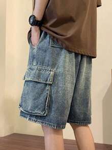 Baggy Jean Shorts Men, Y2k Jorts Cargo Ripped Elastic Waisted, Mens Denim Shorts Loose Fit Vintage Streetwear Summer - 水鴨藍 - 查看 2