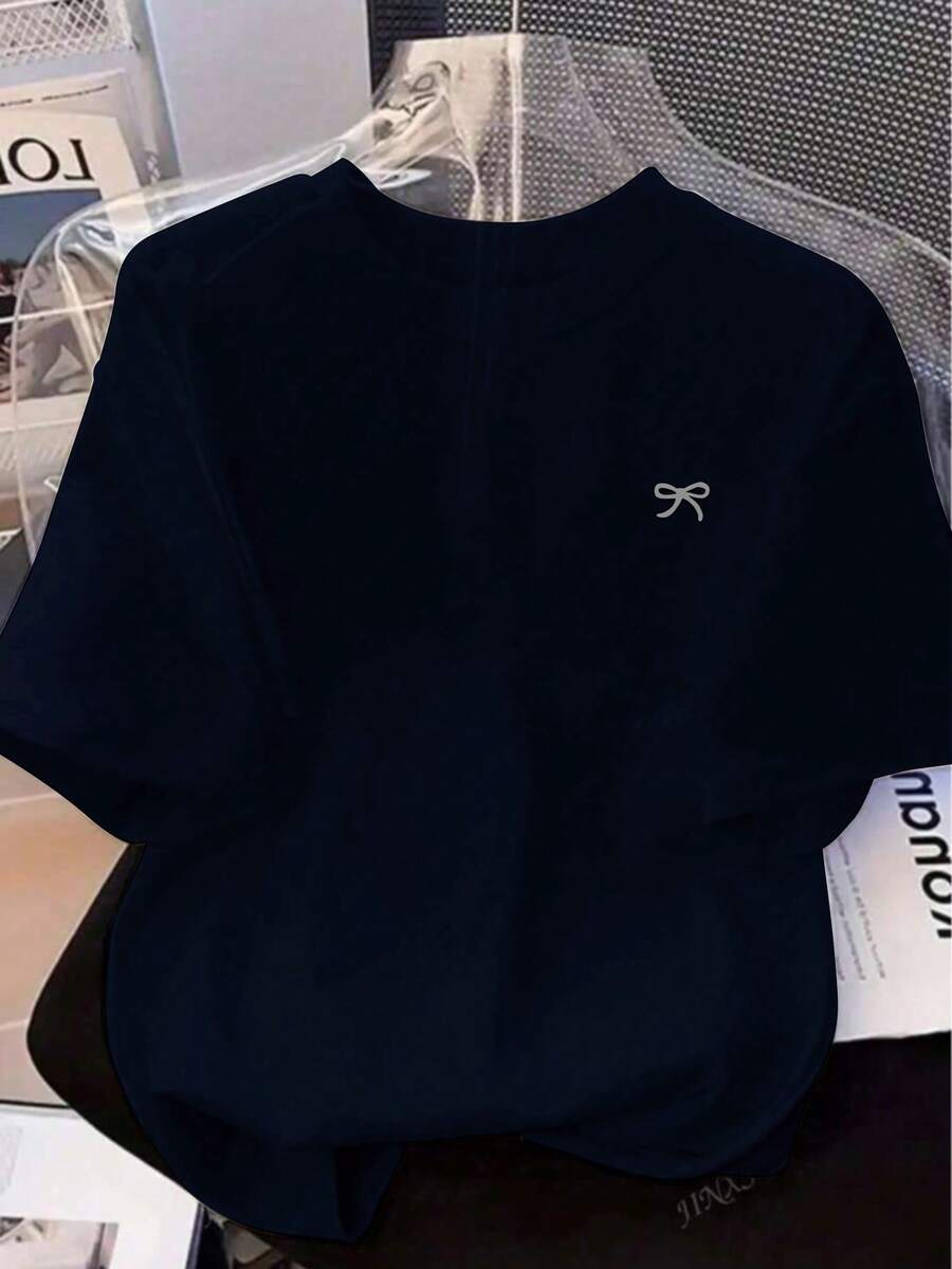 Bow Print Loose Fit Short Sleeve T-Shirt, Spring/Summer - Navy Blue - View 1