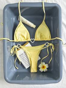 Bikinx Women's Butter Yellow Special Fabric Triangle Cup Bikini Strappy Vacation Swimsuit Set - Yellow - View 2