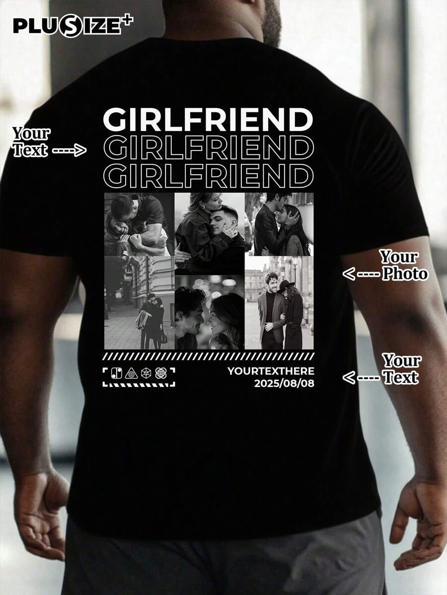 Customized Personalized Commemorative Gifts And Men's Casual T-Shirts, Add Your Own Photos (Family Portrait/Selfie/Pet Photo/Friend Photo/Couples Photo/Girlfriend Photo/Gift/Couple Logo) And Text, Design Your Father's Day And Mother's Day Personalized Printed T-Shirts. - Black - View 1