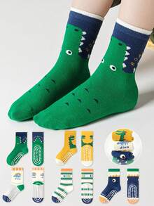 5 双儿童防滑地板袜，字母、条纹、卡通恐龙图案，幼儿男童女童宝宝爬行软底中筒袜，适合日常休闲穿着 - 彩色 - 查看 4