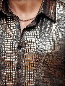 Men's 70s Disco Top Pattern Button Down Short Sleeve Shirt Rave Party PU Leather-Shirt - Bronze - View 4