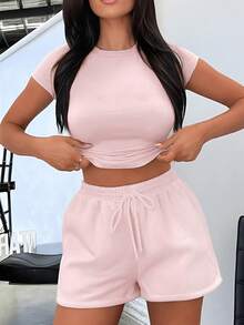 两件套女士纯色圆领短袖T恤和抽绳腰休闲短裤套装 - 粉色 - 查看 3