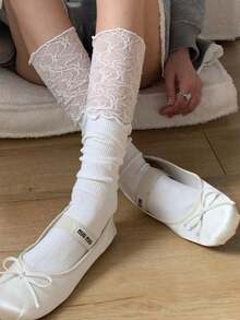 1 Đôi tất cao đến đầu gối phối ren xếp nếp phong cách ballet xuân/hè, phong cách Y2K dành cho nữ - Nhiều màu - Xem 14