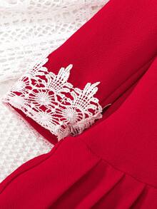 BASUSARRI Vestido de menina estilo natalino, elegante, versátil, com gola Peter Pan vazada, renda plissada, festa de aniversário, vestido vermelho grande, adequado para passeios, outono/inverno