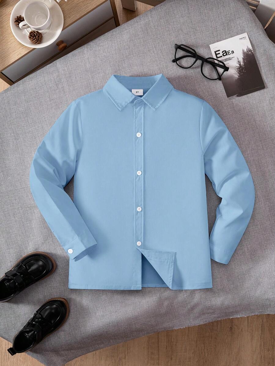 Tween Boy Classic Preppy Casual Party Pageboy Pocket Applique White Formal Long Sleeve Shirt - Baby Blue - View 1
