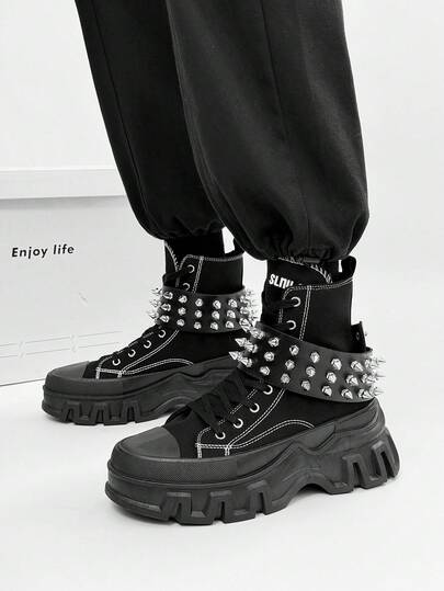 SLnU3 3pcs Men's Fashionable Thick Elevator High-Top Boots, Punk Street Preppy Casual Lace-Up Buckle Decor, Versatile For Outdoor All Seasons,