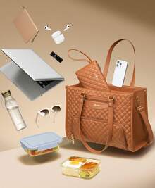 Lunch Tote Bag For Women, 15.6 Inch Laptop Work Bag With Insulated Lunch Box Compartment & Purse Large Capacity Quilted Computer Handbag For Office Business Work Nurse T Eacher Travel Casual - 棕色 - 查看 7