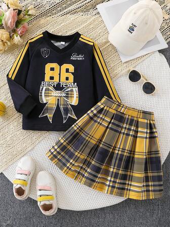 2 件年轻女孩休闲口号印花针织条纹长袖 V 领上衣和迷你裙套装，适合日常休闲装、度假、派对、户外、春秋季