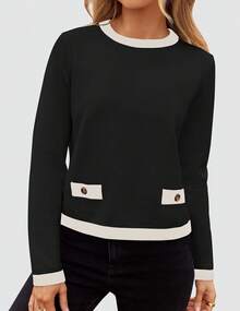 Women's Fall Sweaters 2025 Long Sleeve Crewneck Knit Color Block Lightweight Pullover Tops Clothes - Bầu trời - Xem 9