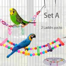 鸟用长尾小鹦鹉玄凤鹦鹉玩具，天然木质吊铃宠物鸟笼吊床秋千爬梯木制栖木镜子咀嚼玩具，适用于虎皮鹦鹉、锥尾鹦鹉、爱情鸟，配件和铃铛颜色随机