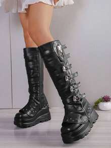Women's Punk Thick-Soled Knee High Boots Wedge Heel Side Zipper Shoes Belt Buckle With Skull Chain Rivet Decor Fashionable Fall Boots - 黑色 - 查看 5