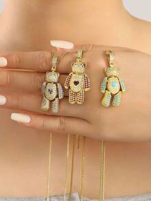 Colar com pingente de urso de pelúcia cravejado de zircônia requintada, estilo minimalista de luxo