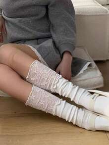 1 Đôi tất cao đến đầu gối phối ren xếp nếp phong cách ballet xuân/hè, phong cách Y2K dành cho nữ - Nhiều màu - Xem 10