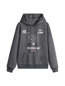 Sudadera con capucha versátil y de moda con estampado gráfico sencillo Ins 23, cuello redondo, color gris oscuro, para mujer, nueva para otoño/invierno - Gris Oscuro - Ver 4
