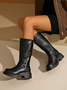 2025 New Thick Sole Over-The-Knee Boots For Women, Retro Buckle Design, Mid-Calf Riding Boots, Suitable For Spring & Autumn - Black - View 2