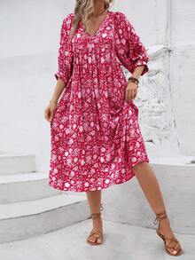 Đầm hoa nhí cổ tròn thắt dây kiểu Âu Mỹ dành cho nữ, thời trang thường ngày, đa năng, phong cách bohemian, thích hợp cho kỳ nghỉ. - Màu Hoa hồng đỏ - Xem 3