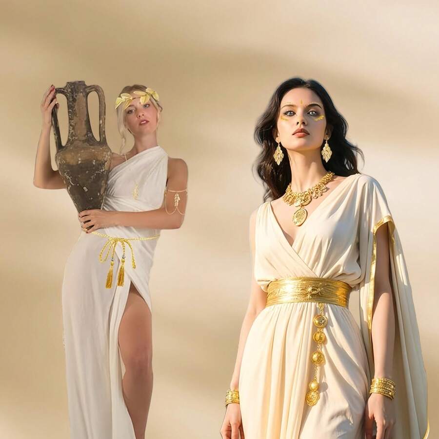 5-Piece Greek Goddess Costume And Accessory Set, Including A Golden Laurel Leaf Headpiece, Tassel Waist Chain, Leaf-Shaped Necklace, Hollowed-Out Golden Leaf Earrings And Armbands. An Elegant Gift For Myth Lovers, Suitable For Female Party Brides' Weddings, Halloween Medusa Role-Playing, Bride Photo Shoots, And Bohemian-Style Weddings - Multicolor - View 1
