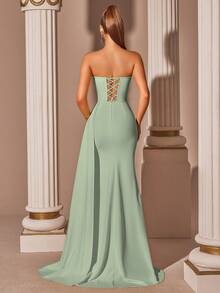 Elisanya 奶油黄色优雅露肩高腰开衩长款系带舞会礼服 - 綠色 - 查看 2