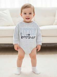 Baby Fall Romper Letter Embroidery Long Sleeve Round Neck Jumpsuit Brother and Sister Matching Outfits - Azul - Ver 4