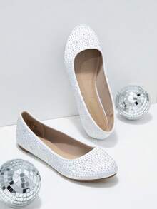 Women's Rhinestone Glitter Ballet Flats Slip-On Elegant Comfortable Round Toe Solid Color Party Wedding Shoes - 白色 - 查看 1