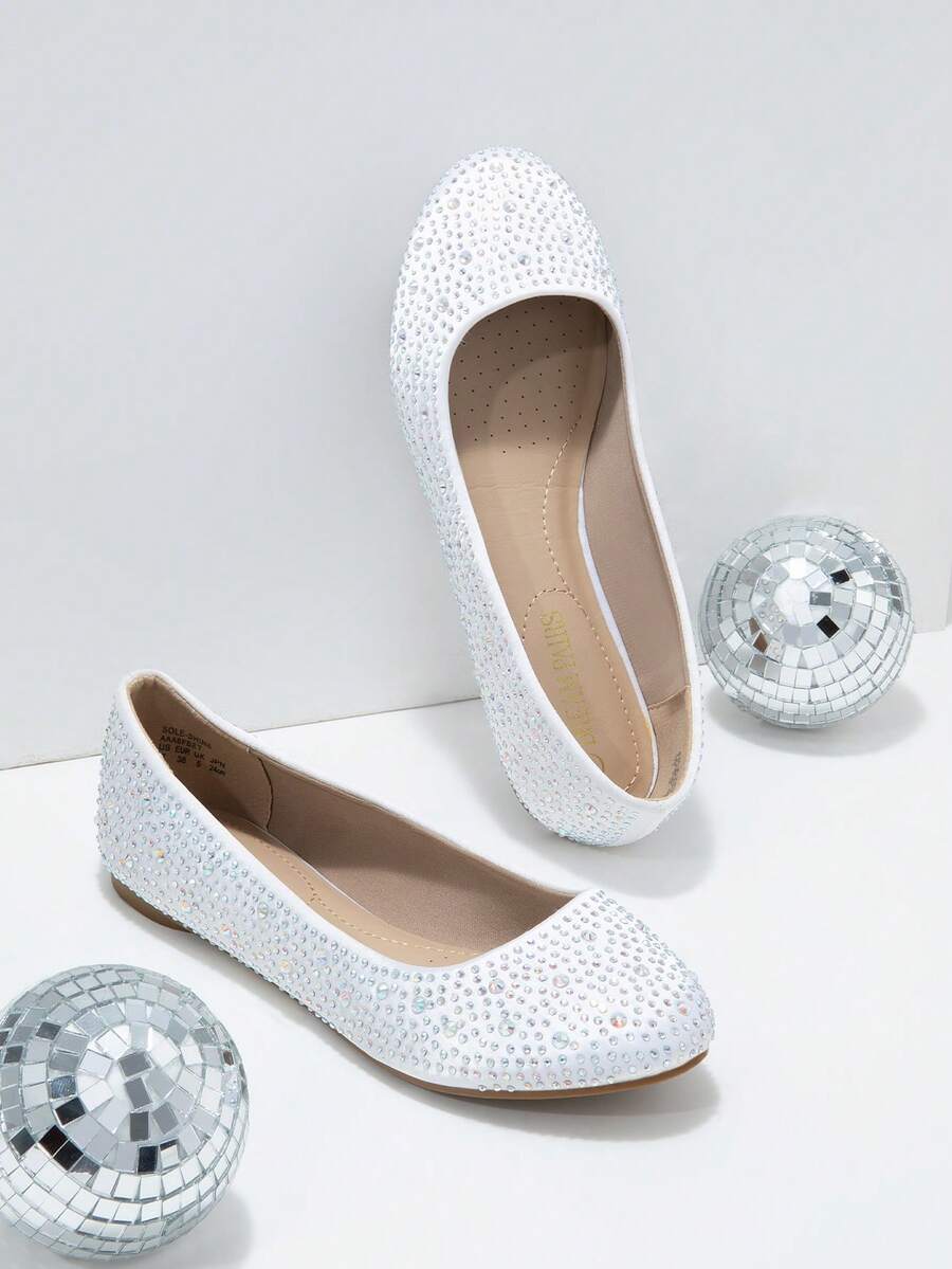 Women's Rhinestone Glitter Ballet Flats Slip-On Elegant Comfortable Round Toe Solid Color Party Wedding Shoes - 白色 - 查看 1