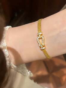 1pc Stainless Steel Milanese Horseshoe Clasp Woven Bracelet, Gold Plated Hollow Strap, Fashion Minimalist Versatile Design - Horseshoe Watch Strap Bracelet - View 4