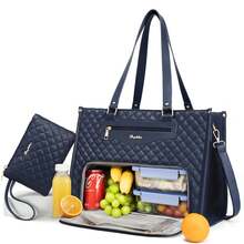 Lunch Tote Bag For Women, 15.6 Inch Laptop Work Bag With Insulated Lunch Box Compartment & Purse Large Capacity Quilted Computer Handbag For Office Business Work Nurse Teacher Moms Travel Casual - 藍色 - 查看 1