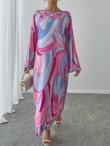 1pc Women's Long Geometric Print Flare Sleeve Casual Robe, Elegant Arabic Style Gown Suitable For Party, Holiday, Luxury Evening Wear - Pink - View 4