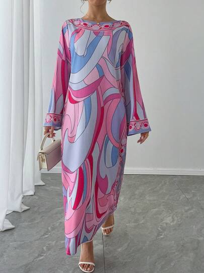 1 件女式长款几何印花喇叭袖休闲长袍，优雅的阿拉伯风格长袍适合派对、节日、豪华晚装
