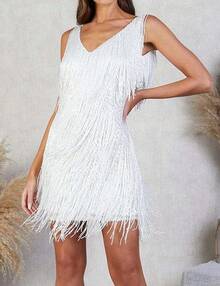 Houstil Women 1920s Sequin Dress Flapper Gatsby Homecoming Dresses Fringe Wedding Club Party Evening Gown - E-白色 - 查看 2