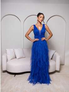 ELEGANT LONG WEDDING PARTY DRESS FOR GRADUATE BRIDESMAIDS WITH WATERFALL NECKLINE AND SKIRT - Xanh đậm - Xem 4