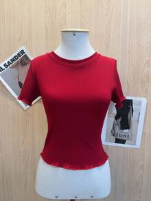 Solid Ruched Ribbed T-Shirt - Red - View 2