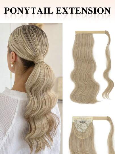 nimoki 18 Zoll Pferdeschwanz-Verlängerung aus hitzebeständiger, welliger synthetischer Faser mit Zauberkleber zum Umwickeln für den täglichen Gebrauch (Gold)