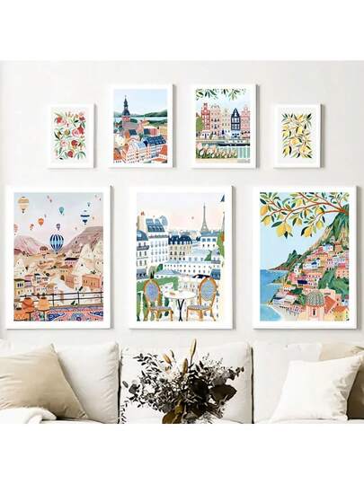 1pc Minimalist Abstract Landscape City Travel Print Fruit Illustration Poster Wall Art Canvas Painting Wall Pictures For Living Room Home Decor