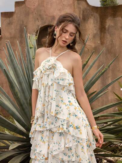 Elegant Romantic Chiffon Maxi Dress, 3D Floral Neck Decor - Exquisite Floral Print, Multi-Layer Ruffle Hem, Flowing Floor-Length Silhouette | Ideal For Romantic Garden Weddings And Elegant Date Nights Party Spring