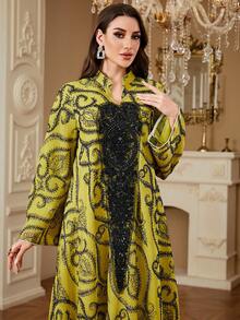 Women's Embroidered Robe, Ramadan Moroccan Applique Robe, Arabic Islamic Dubai Abaya Ramadan Prayer Gown, Random Cut Dubai Long Dress - Mustard Yellow - View 6